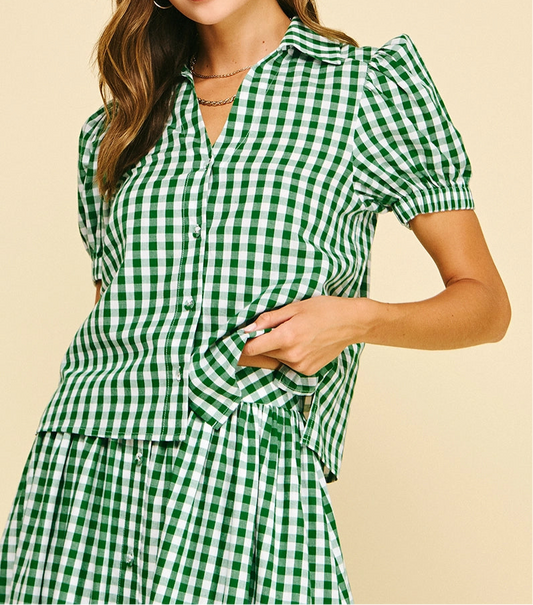 Harper Gingham Button Down Short Sleeve Top