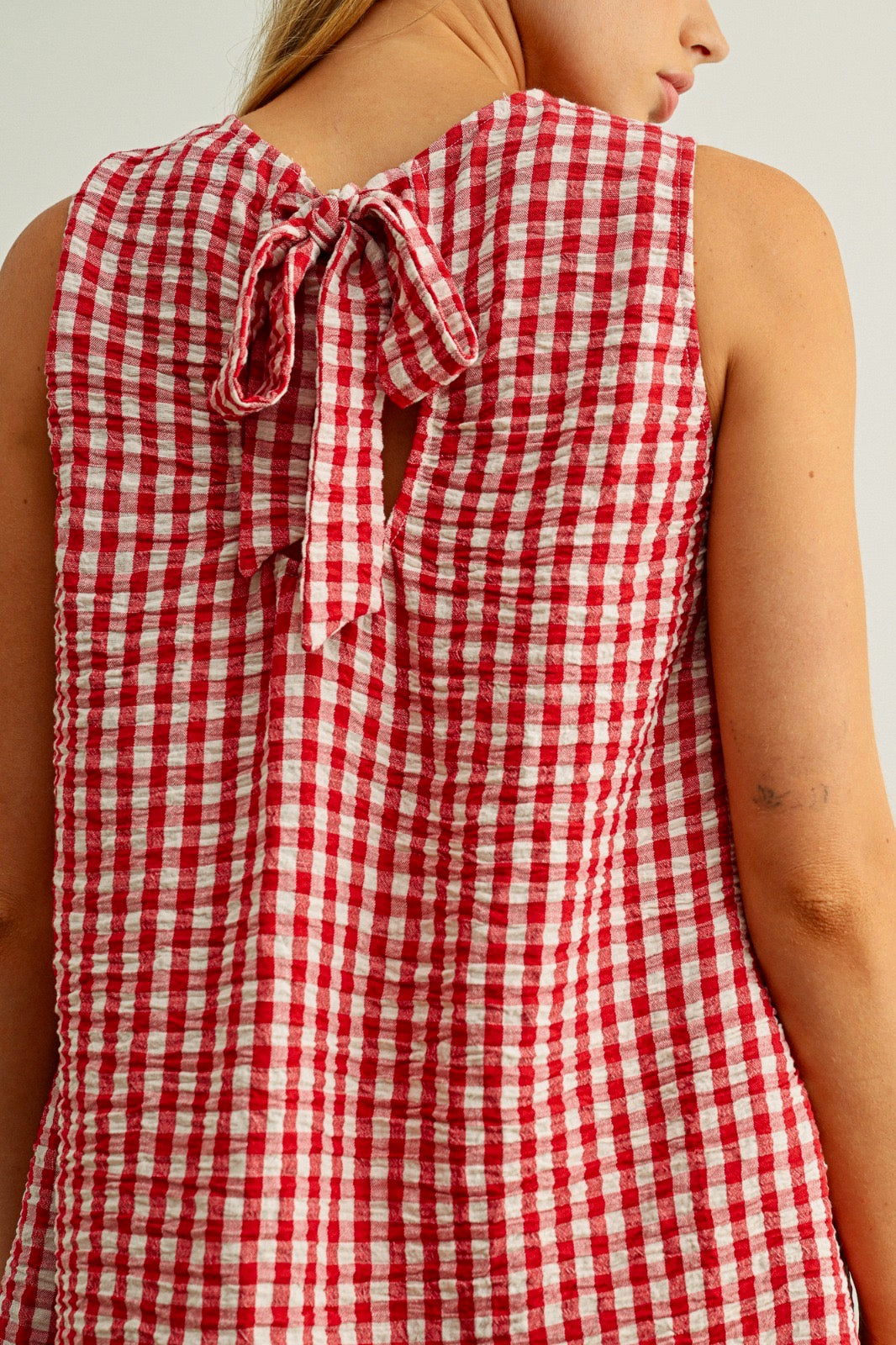 Gracie Gingham Pattern Sleeveless Open Back Detail Dress