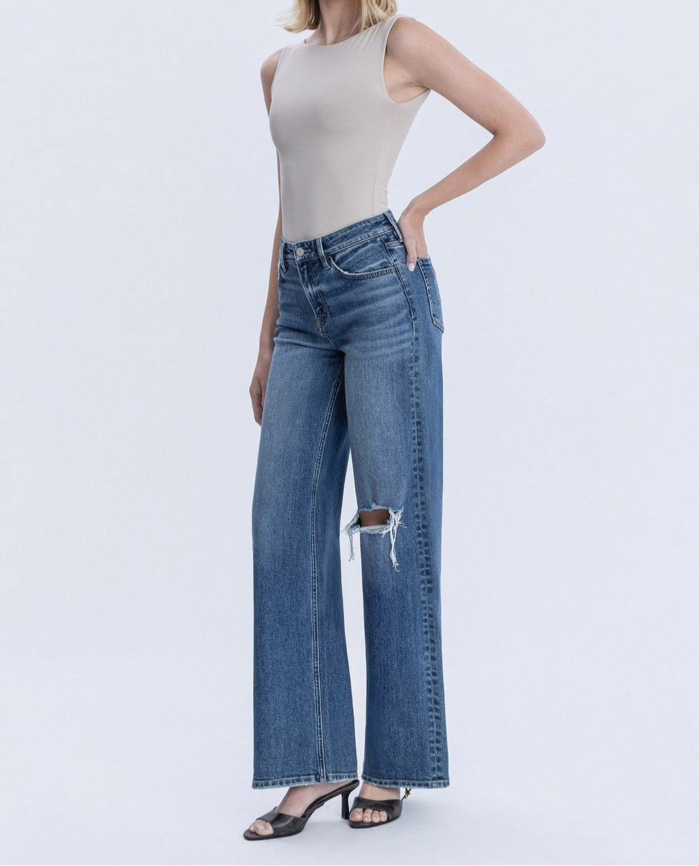 High Rise Distressed Left Knee Wide Leg Jeans
