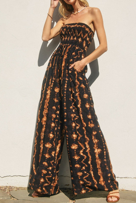 Sadie Tie Dye Print Strapless Wide Leg Jumpsuit