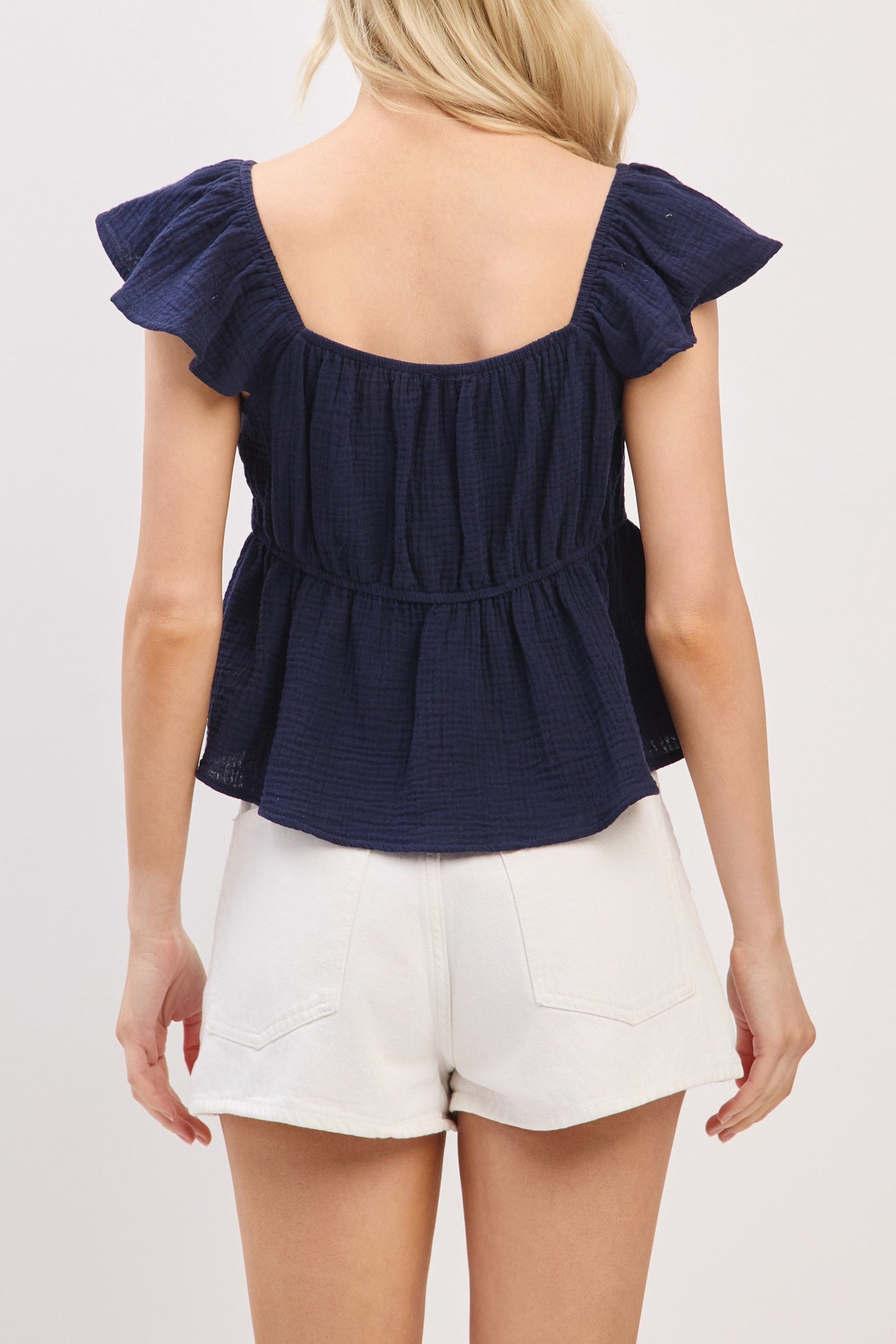 Navy Front Ruching Short Sleeve Top
