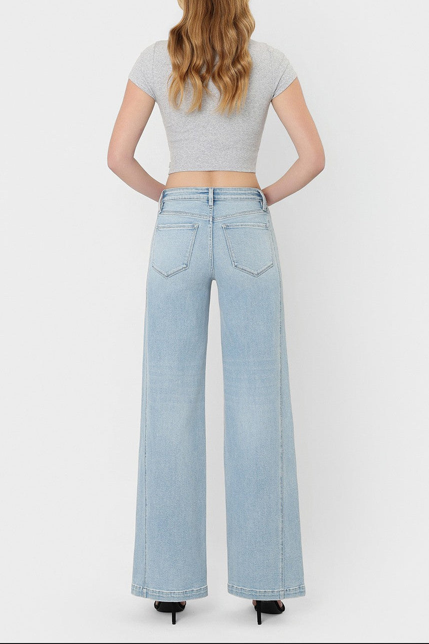 HIGH RISE LIGHT WASH SIDE PANEL WIDE LEG JEANS