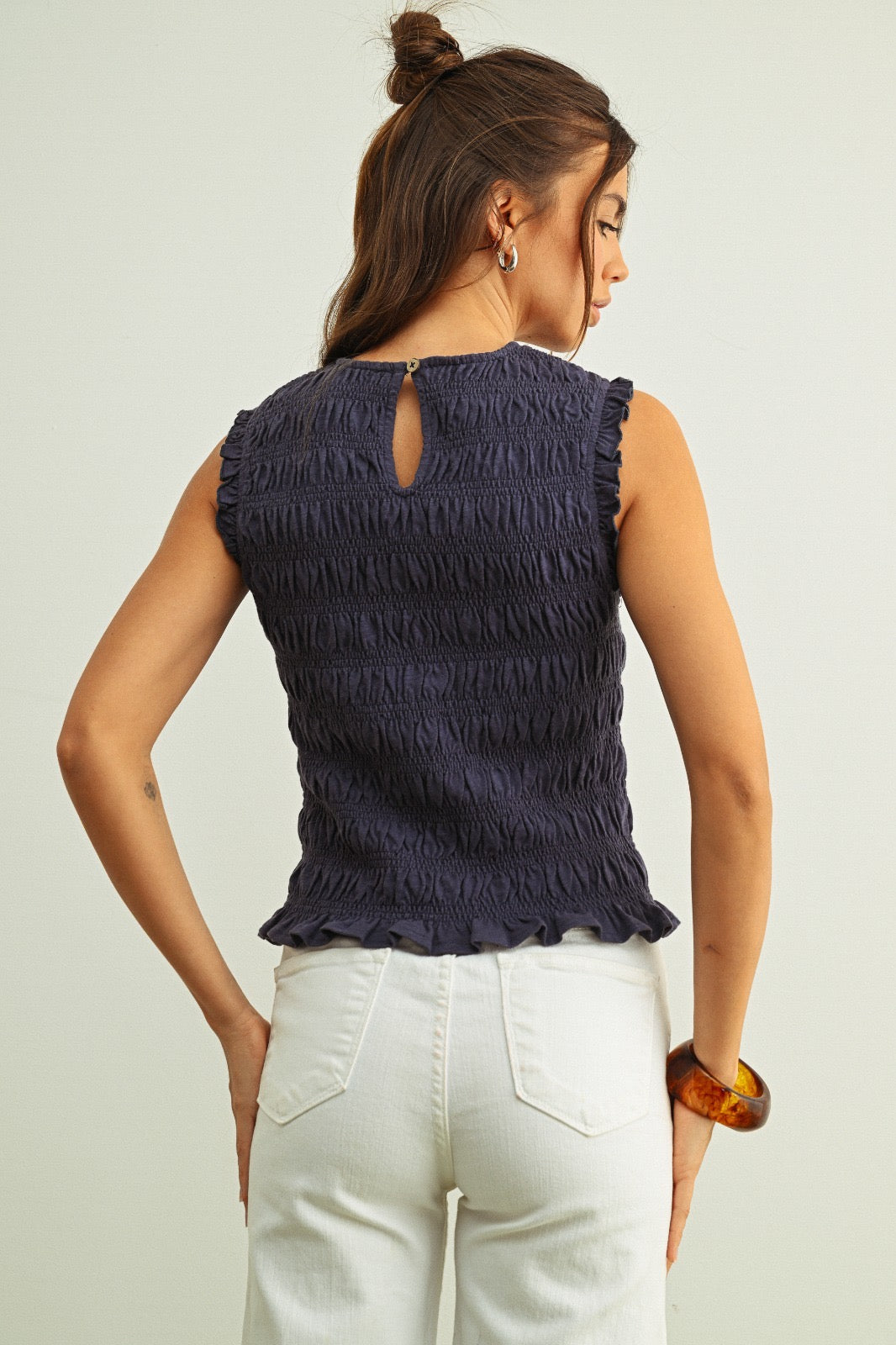 Yana Navy Sleeveless Smocking Top