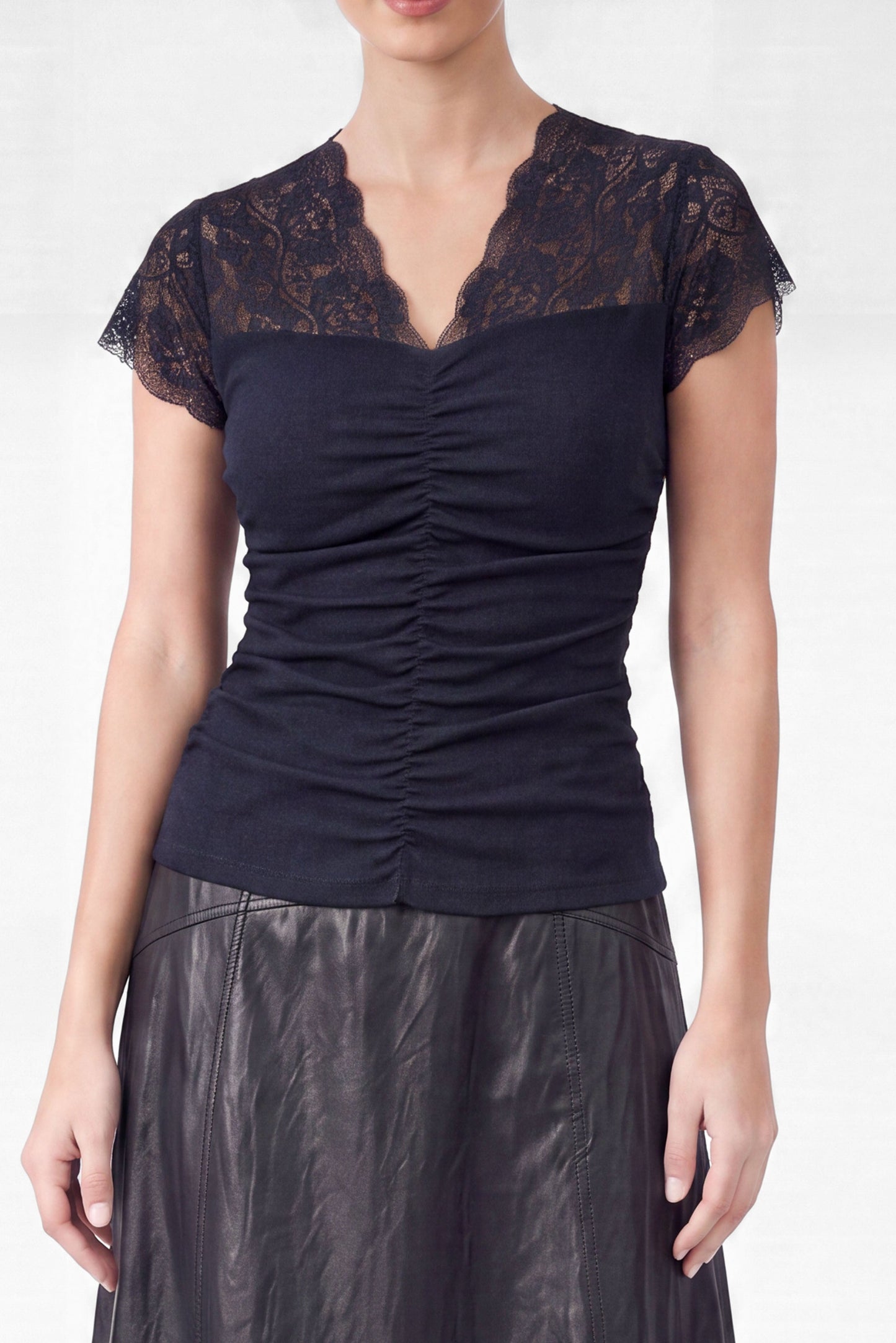 Liz Ruched Knit Lace V-neck Top