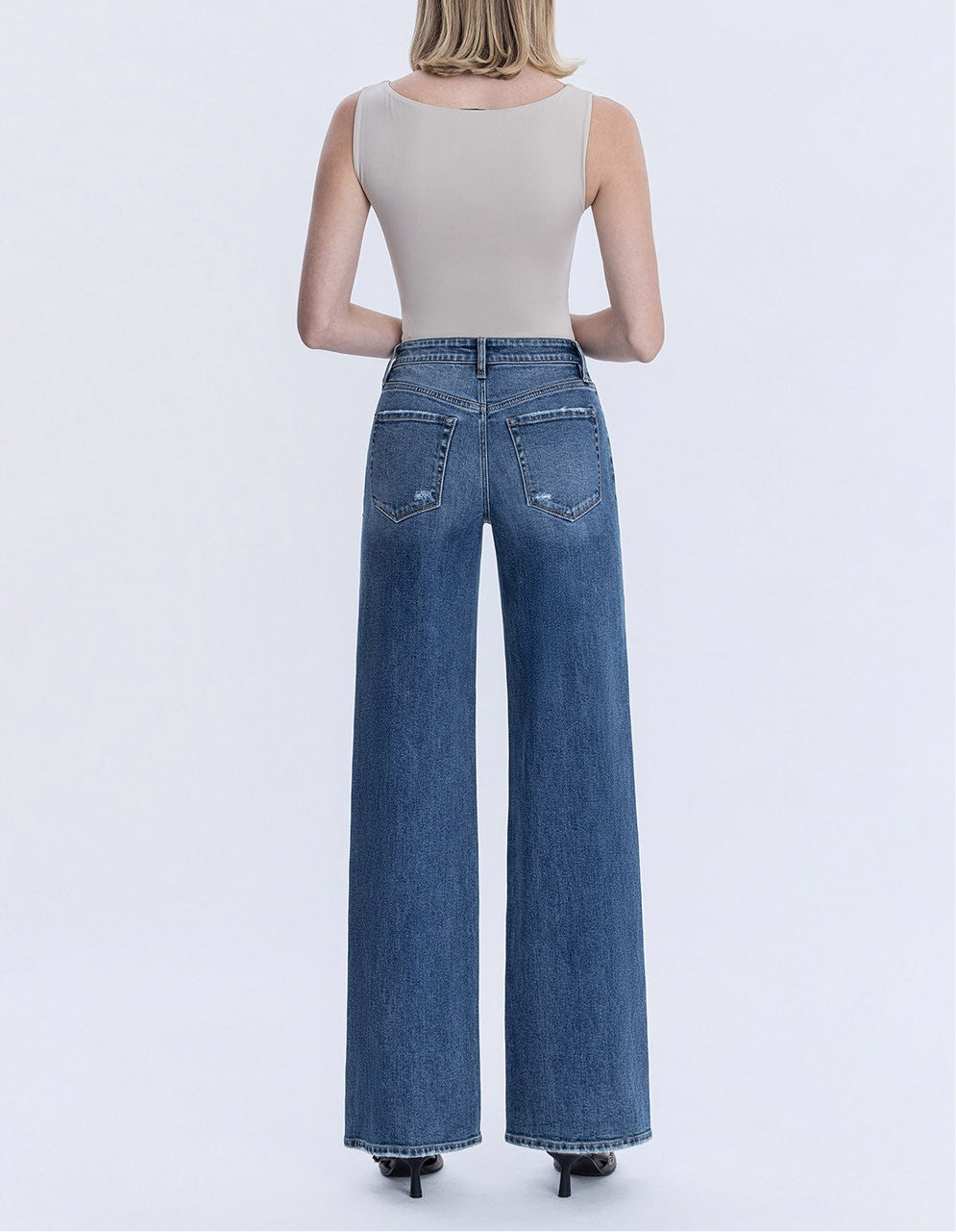 High Rise Distressed Left Knee Wide Leg Jeans