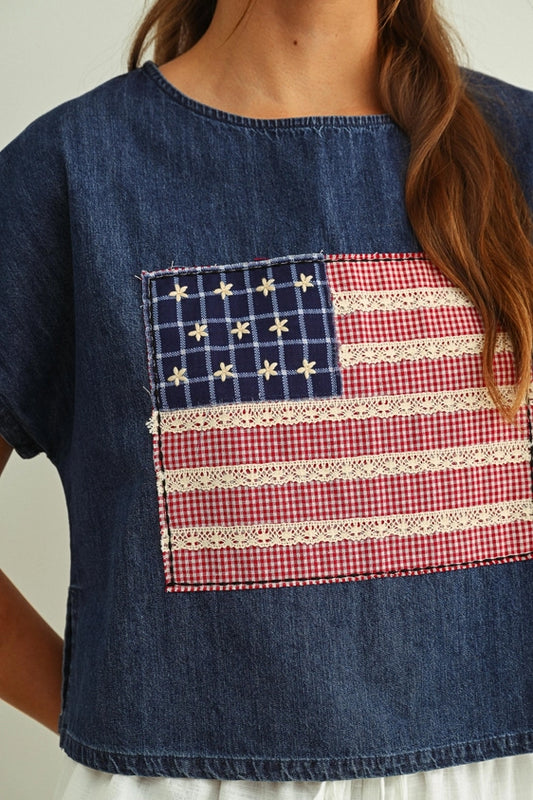 Navy Mixed Fabric Flag Patched Dolman Sleeve Top
