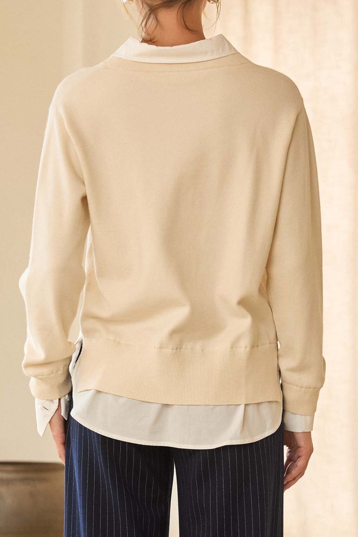Teri Layered Look V-neck Mixed Media Sweater