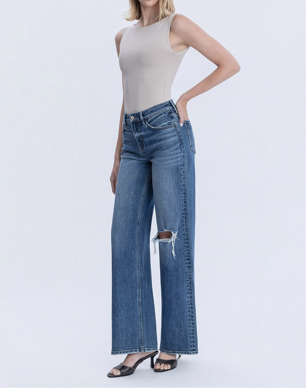 High Rise Distressed Left Knee Wide Leg Jeans