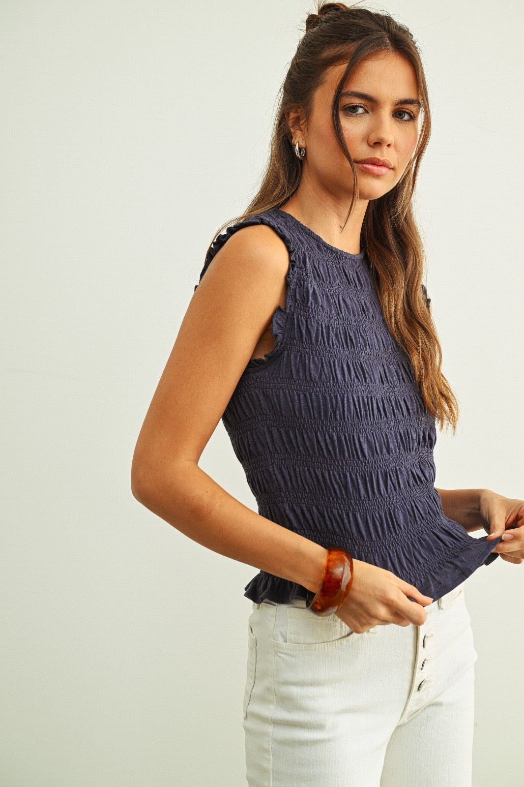 Yana Navy Sleeveless Smocking Top