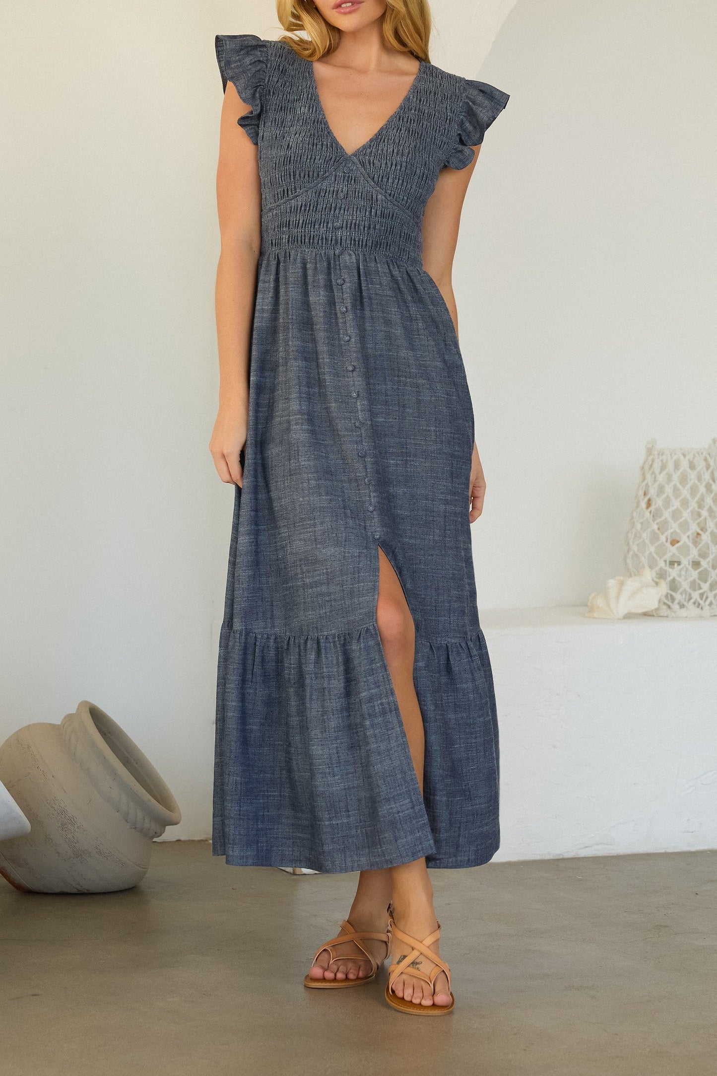 Sharon Smocked Flutter Sleeve Chambray Midi Dress