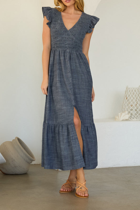 Sharon Smocked Flutter Sleeve Chambray Midi Dress
