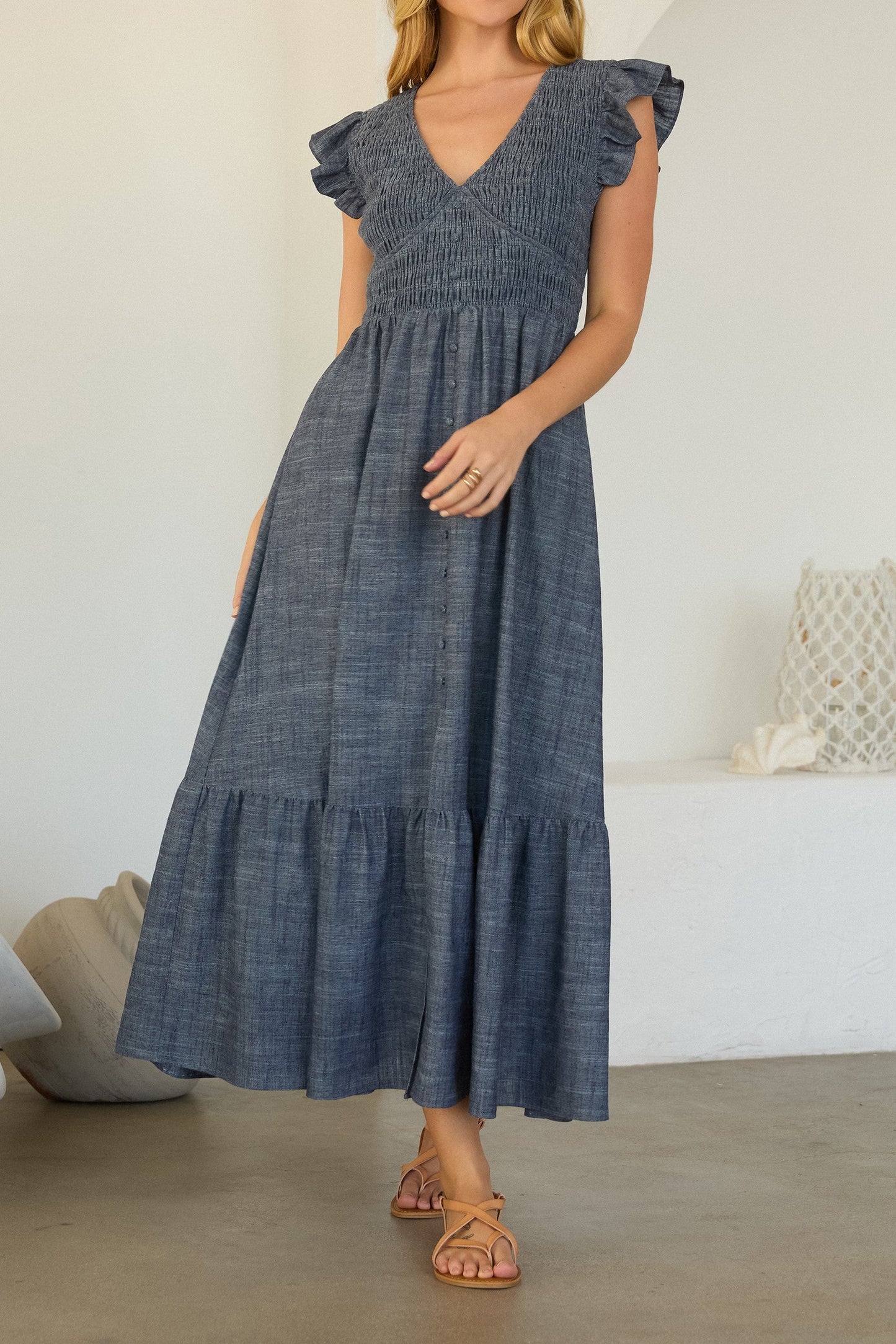 Sharon Smocked Flutter Sleeve Chambray Midi Dress