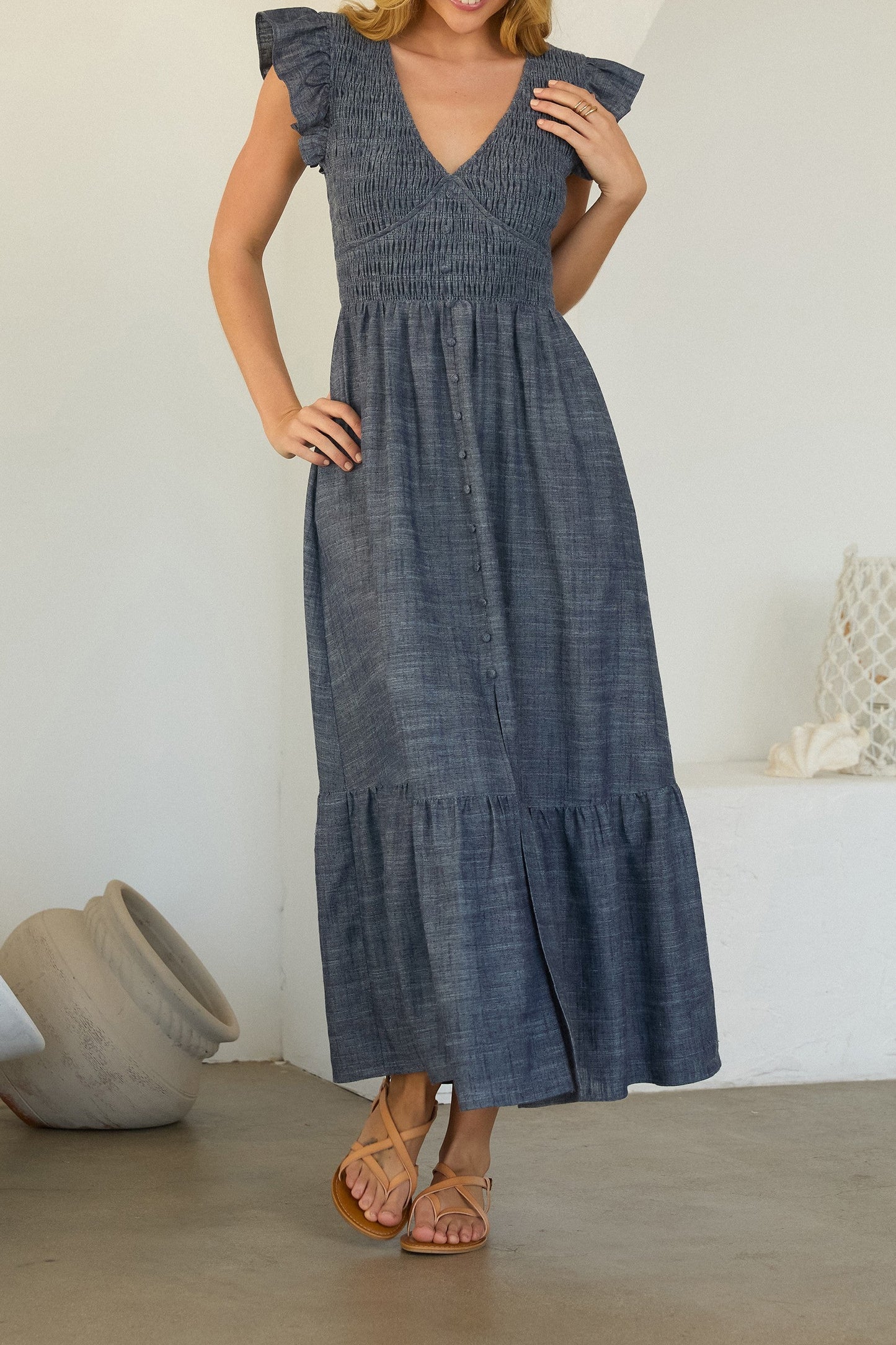 Sharon Smocked Flutter Sleeve Chambray Midi Dress