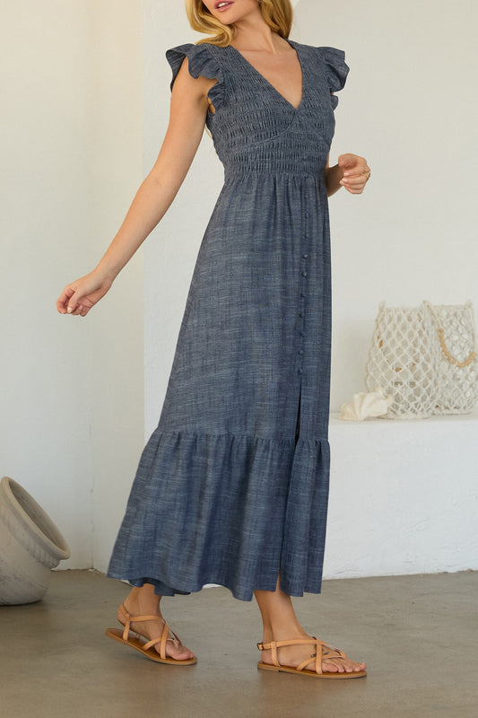 Sharon Smocked Flutter Sleeve Chambray Midi Dress