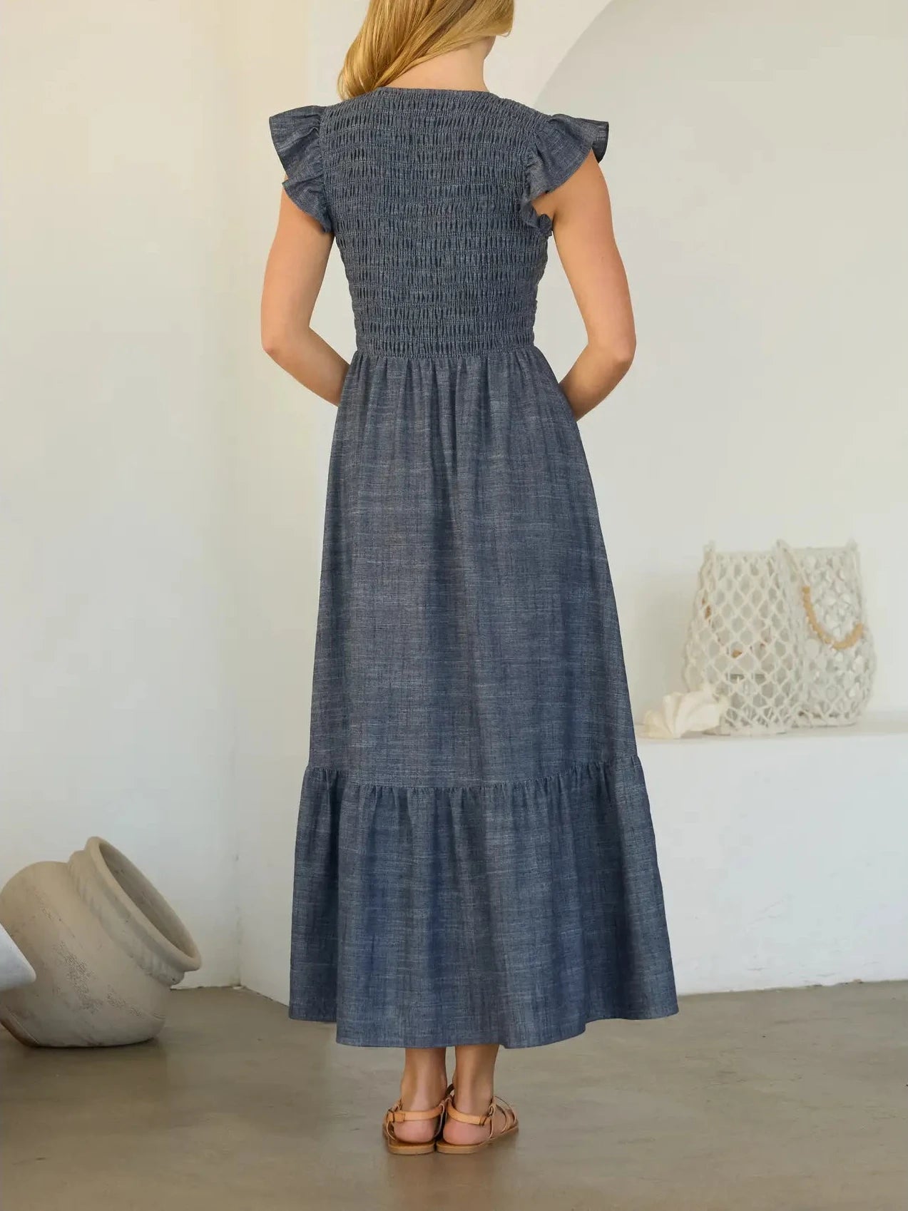 Sharon Smocked Flutter Sleeve Chambray Midi Dress