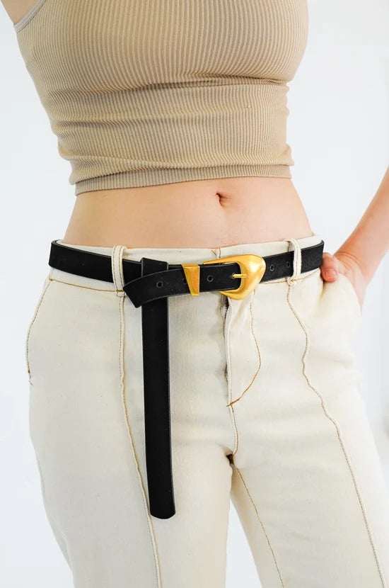 Skinny Suede Liquid Gold Buckle Belt