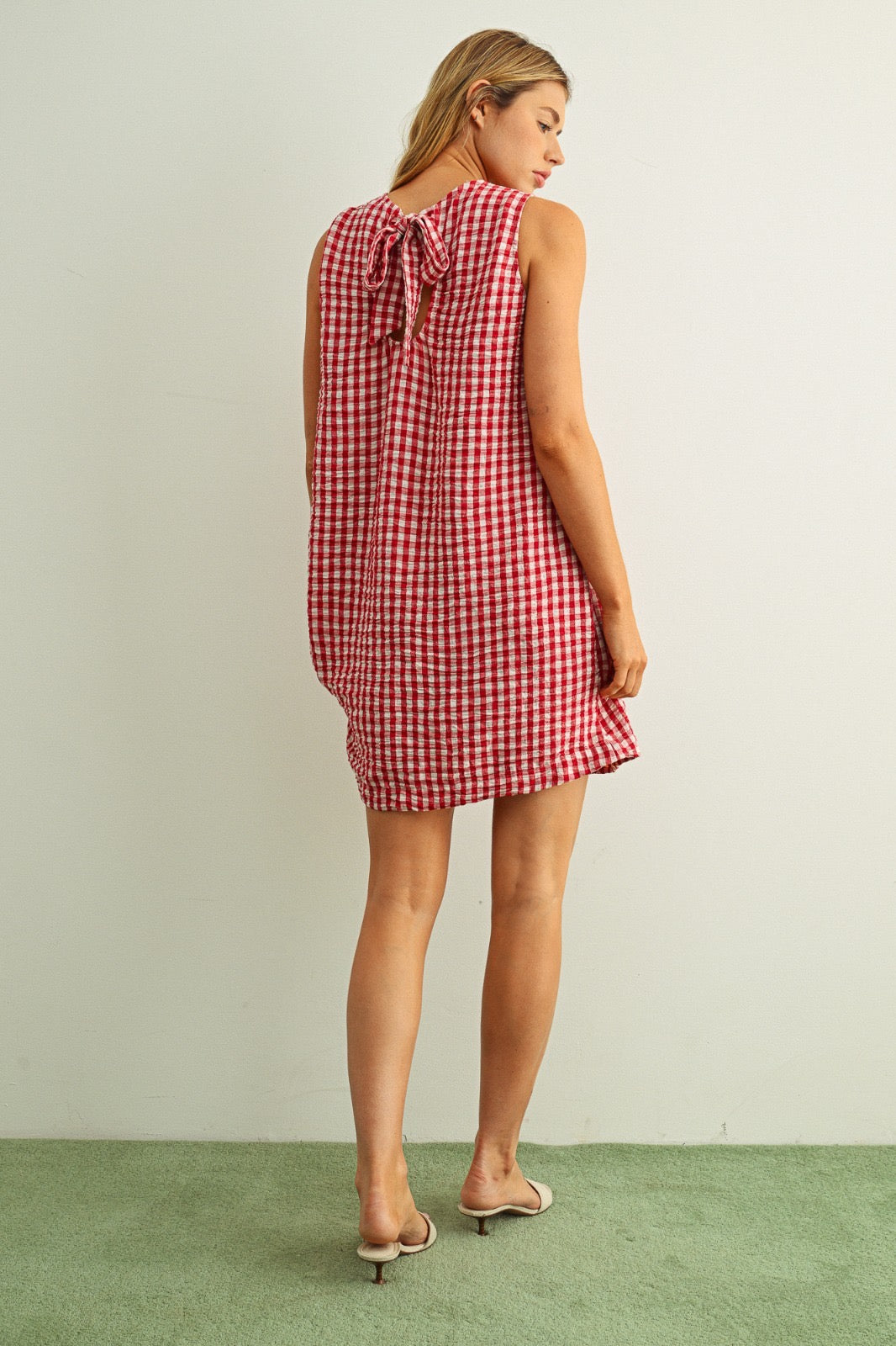 Gracie Gingham Pattern Sleeveless  Open Back Detail Dress