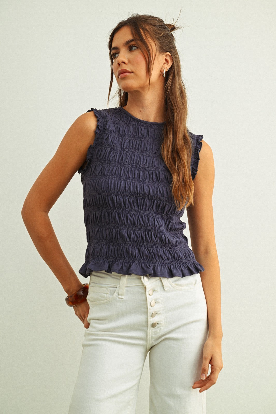 Yana Navy Sleeveless Smocking Top