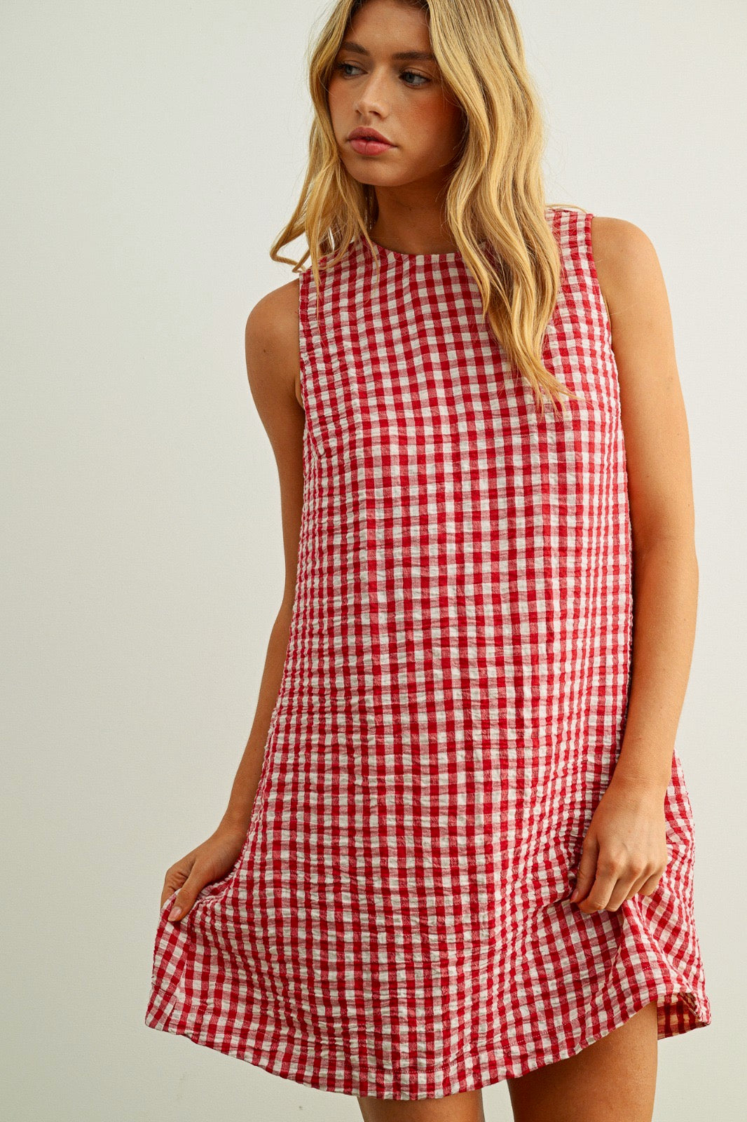 Gracie Gingham Pattern Sleeveless  Open Back Detail Dress