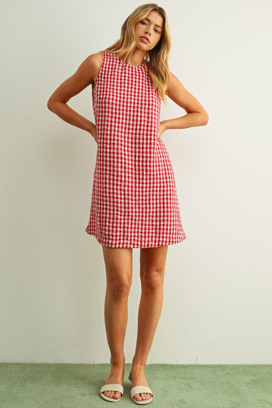 Gracie Gingham Pattern Sleeveless  Open Back Detail Dress