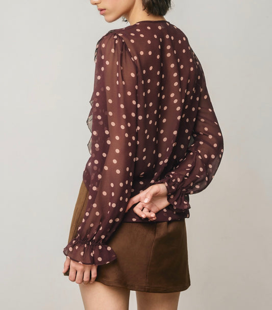 Lyra Chiffon Polk Dot Lace Up Ruffled Top