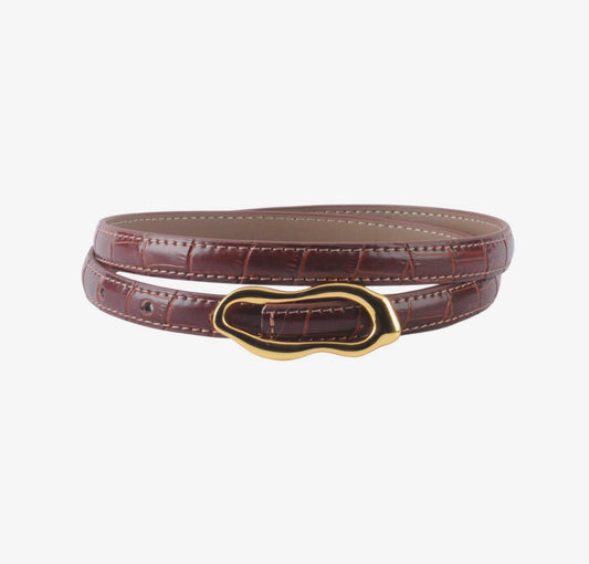 Skinny Croco Belt with Thin Asymmetrical Buckle