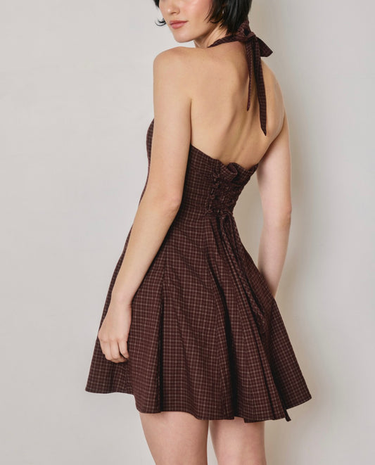 Gigi Burgundy Plaid Mini Halter Dress