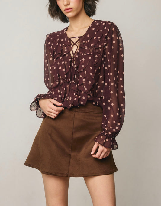 Lyra Chiffon Polk Dot Lace Up Ruffled Top