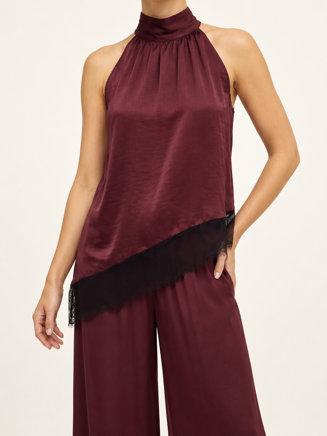 Hannah Asymmetrical Lace Mock Neck Halter Top
