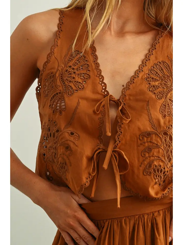 Victoria Embroidery Tied in Front Sleeveless Top