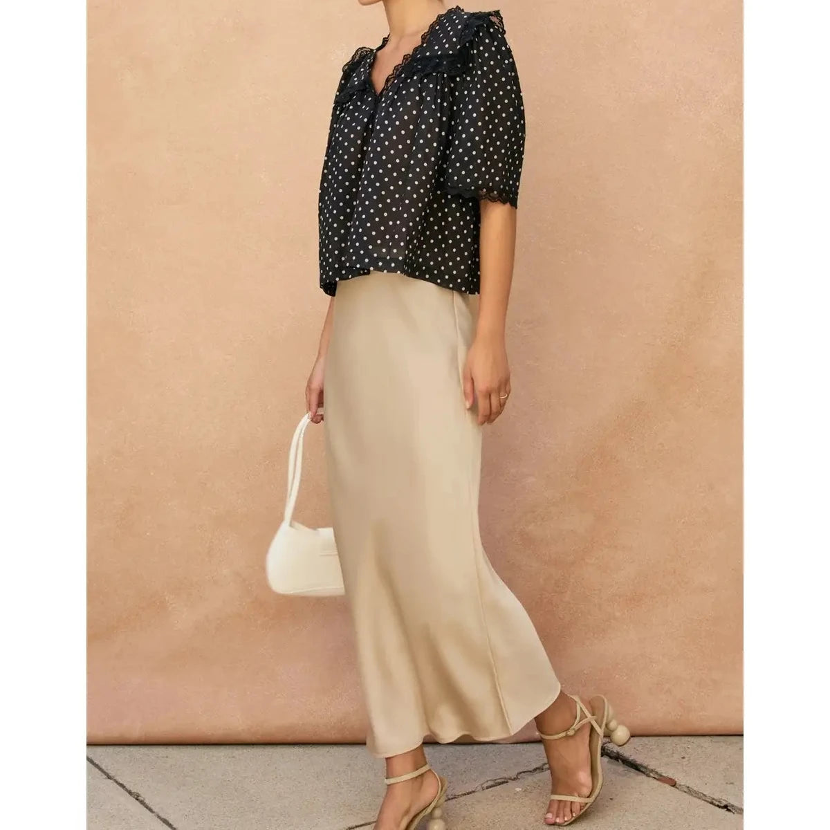Nellie Polka Dot Lace Detail Shirred Top