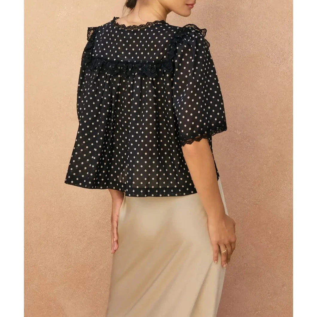 Nellie Polka Dot Lace Detail Shirred Top