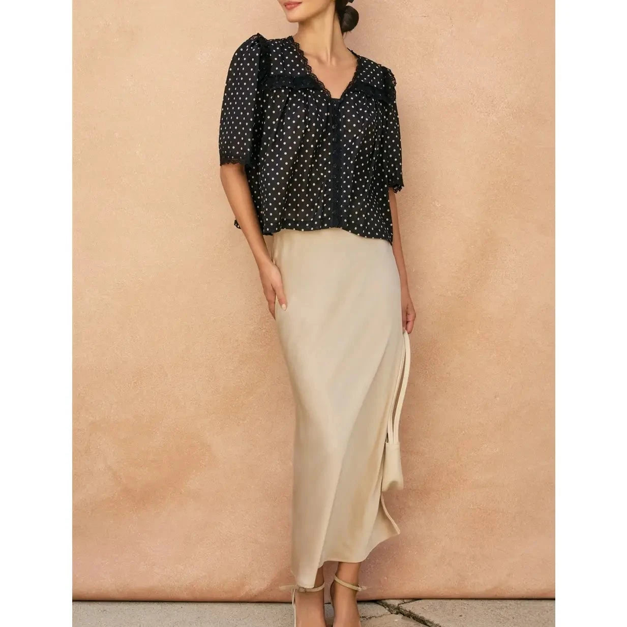 Nellie Polka Dot Lace Detail Shirred Top