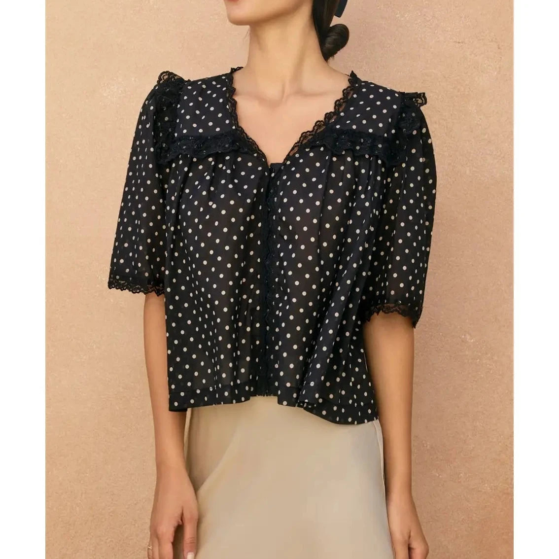 Nellie Polka Dot Lace Detail Shirred Top