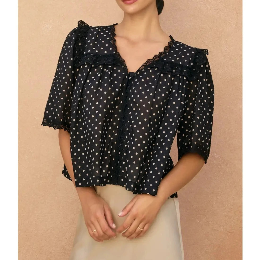 Nellie Polka Dot Lace Detail Shirred Top