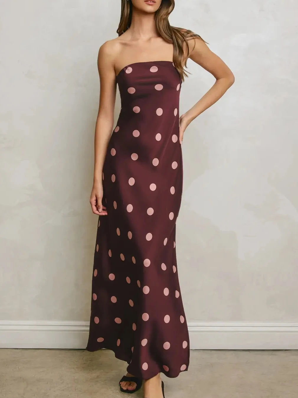 Jaylee Polka Dot Satin Strapless Maxi Dress
