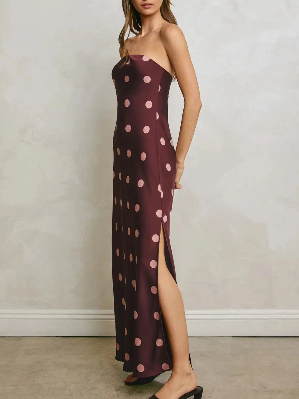 Jaylee Polka Dot Satin Strapless Maxi Dress