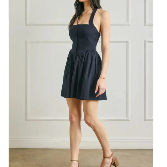 Indie Navy Linen Dipped Waist Mini Dress