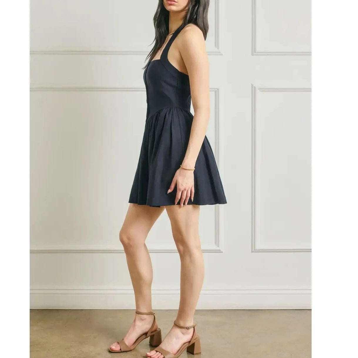 Indie Navy Linen Dipped Waist Mini Dress