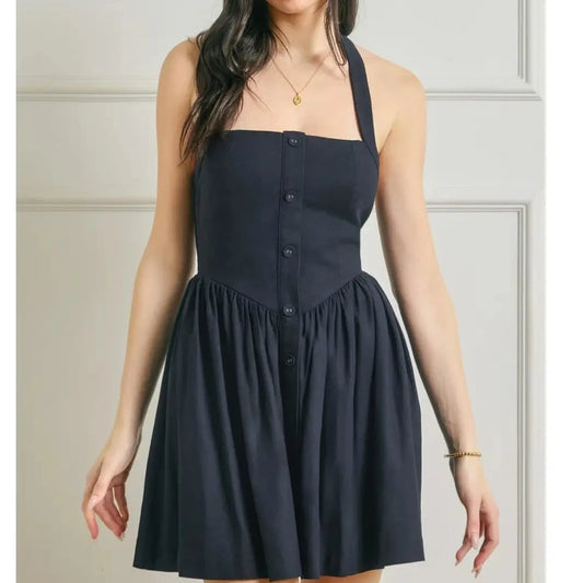 Indie Navy Linen Dipped Waist Mini Dress
