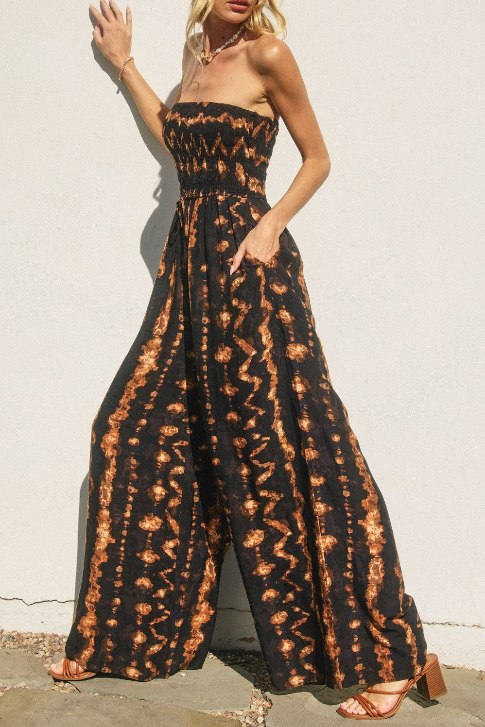 Sadie Tie Dye Print Strapless Wide Leg Jumpsuit