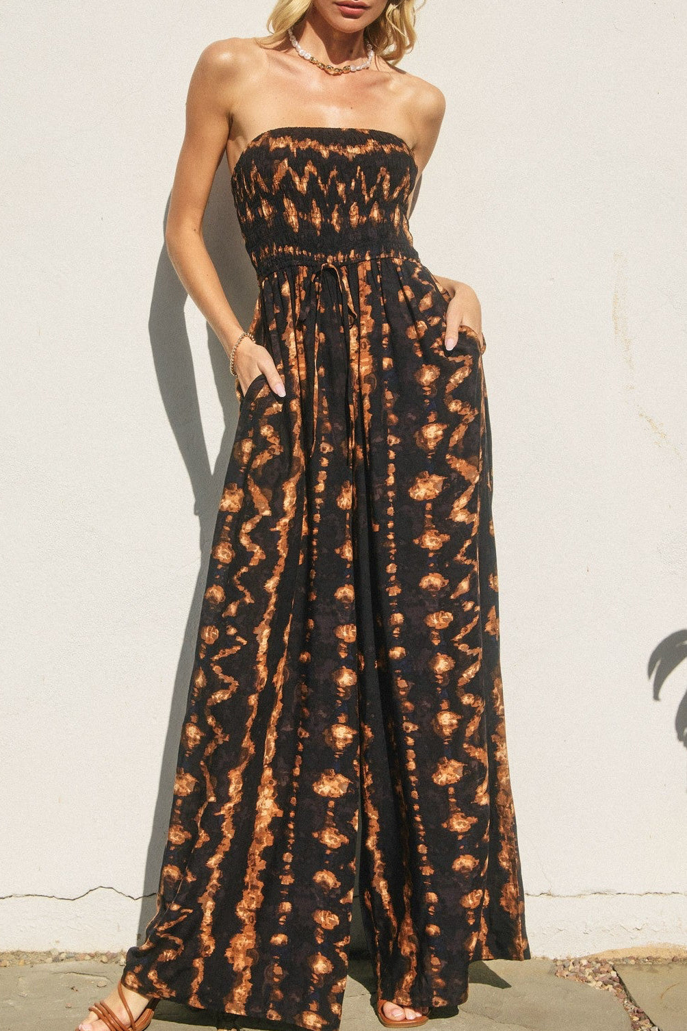 Sadie Tie Dye Print Strapless Wide Leg Jumpsuit