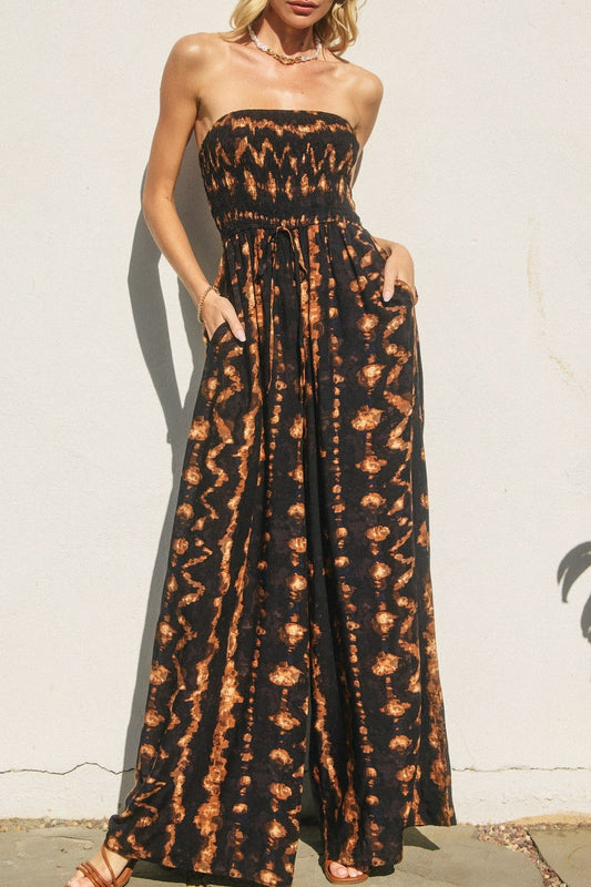 Sadie Tie Dye Print Strapless Wide Leg Jumpsuit