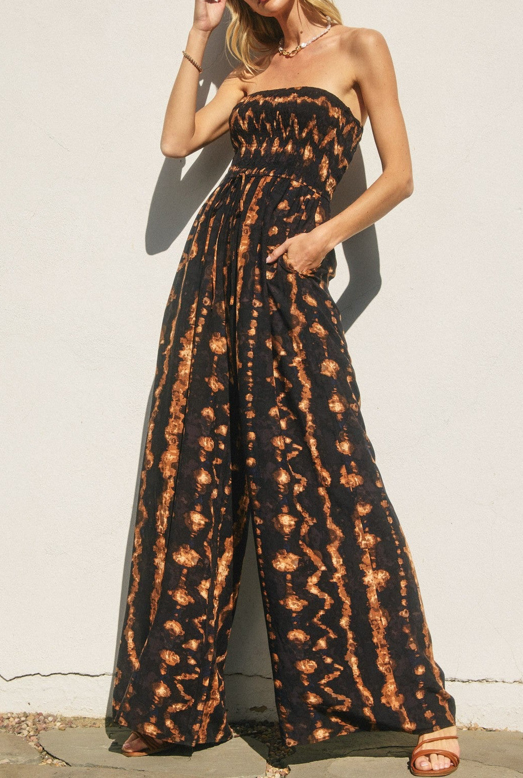 Sadie Tie Dye Print Strapless Wide Leg Jumpsuit