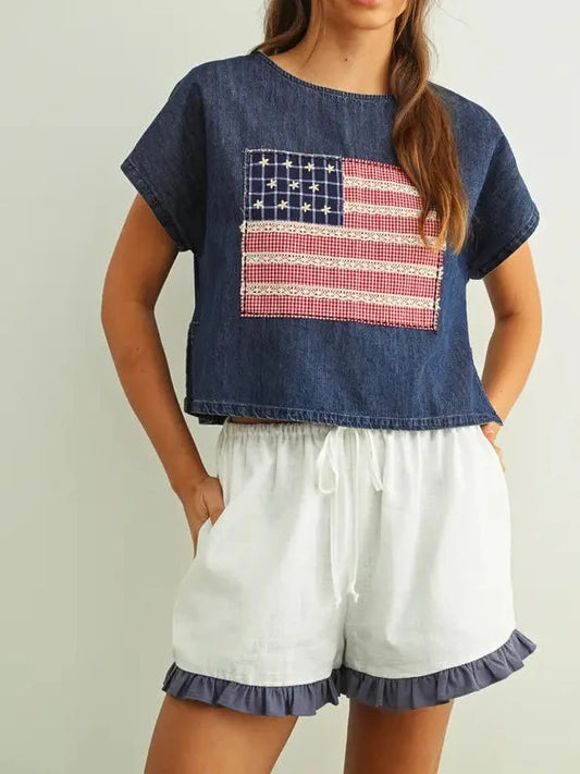 Navy Mixed Fabric Flag Patched Dolman Sleeve Top