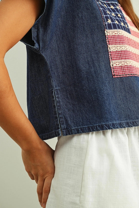 Navy Mixed Fabric Flag Patched Dolman Sleeve Top
