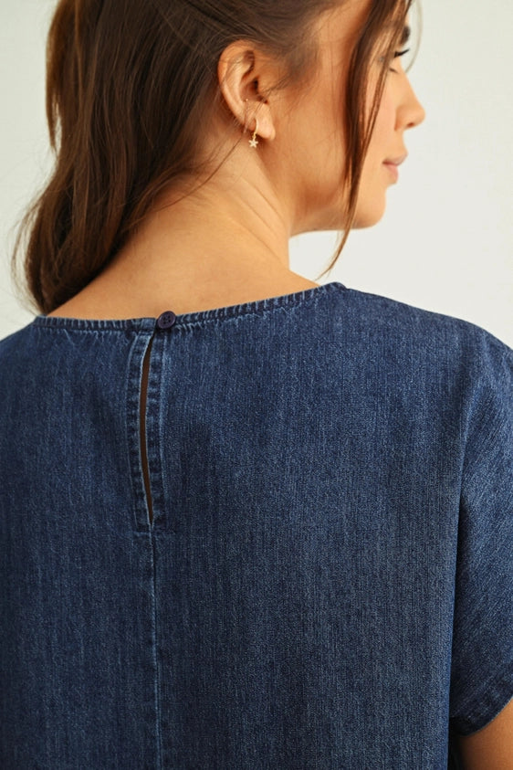 Navy Mixed Fabric Flag Patched Dolman Sleeve Top