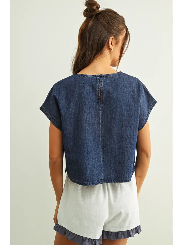 Navy Mixed Fabric Flag Patched Dolman Sleeve Top