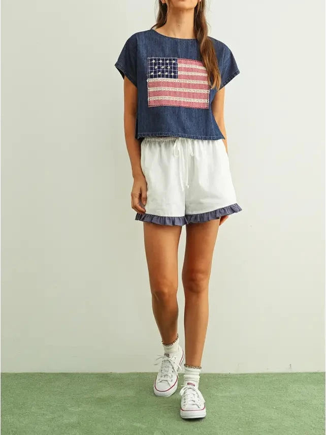 Navy Mixed Fabric Flag Patched Dolman Sleeve Top