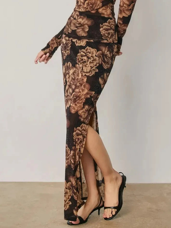 Jovie Metallic Floral Side Slit Maxi Skirt